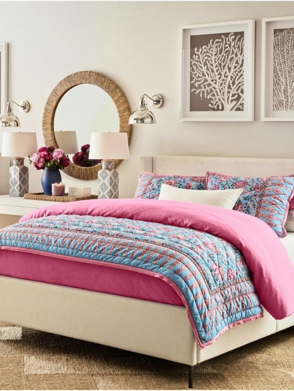 POTTERY BARN Shannon Reversible Kingsize Quilt w/ 2 Matching Shams In Pink/Blue